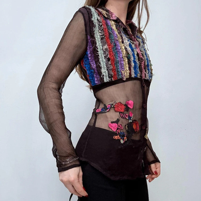 embroidered patchwork fairy sheer shirt