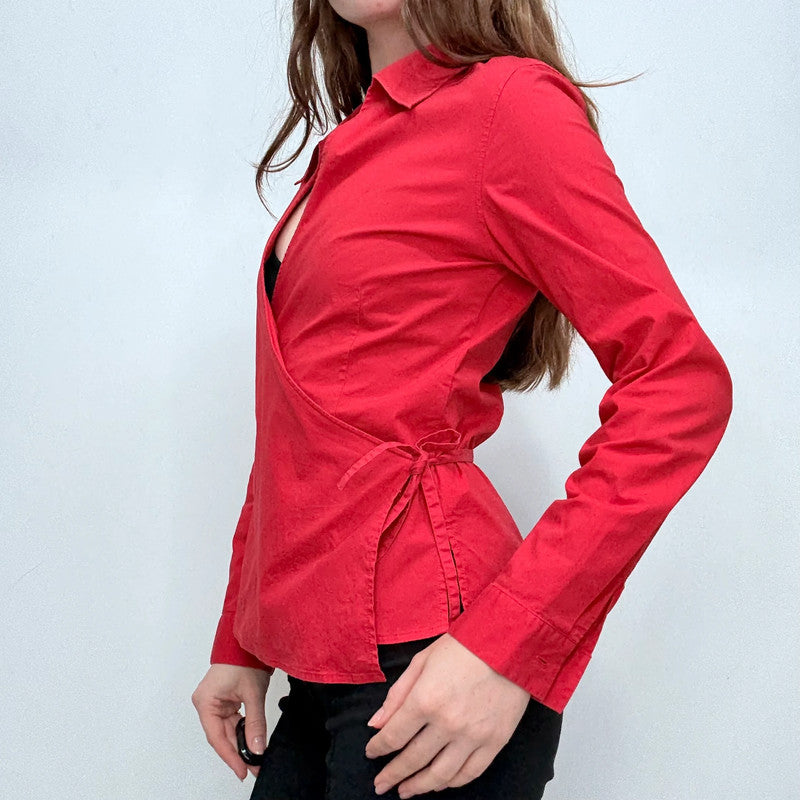red fitted wrap shirt