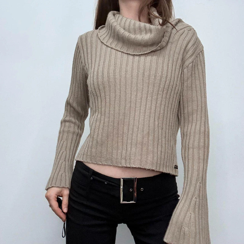tan ribbed flared fold-over neck jumper