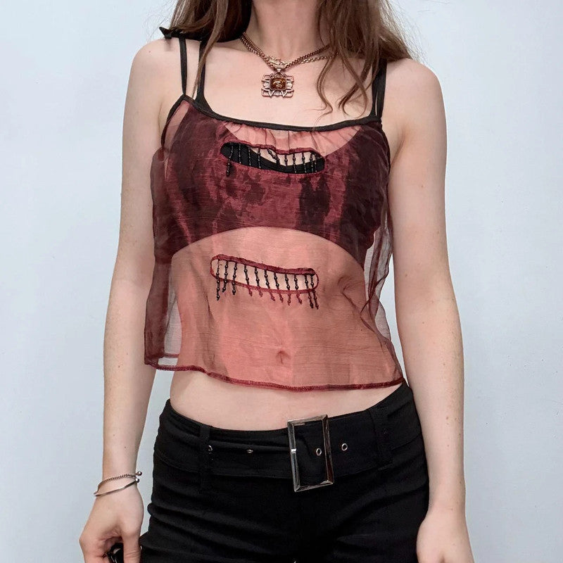 sheer red beaded tassel fray vest