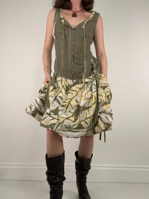 Cargo khaki patterned toggle midi puff dress