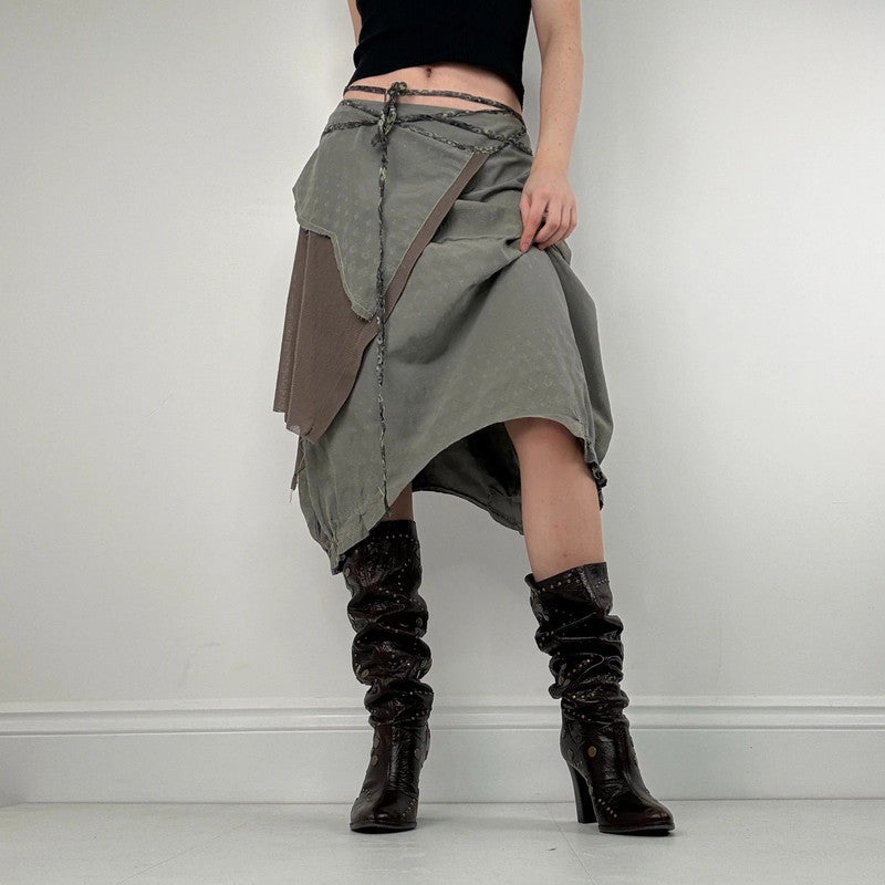asymmetric gathered puff pleated khaki midi skirt