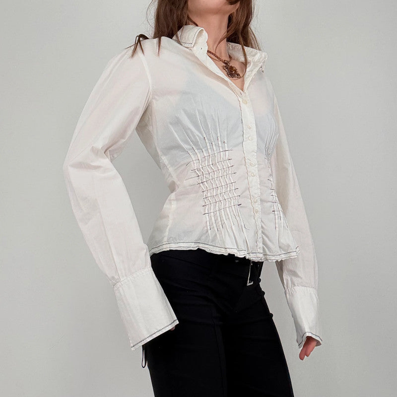 white cinched pleated flared shirt
