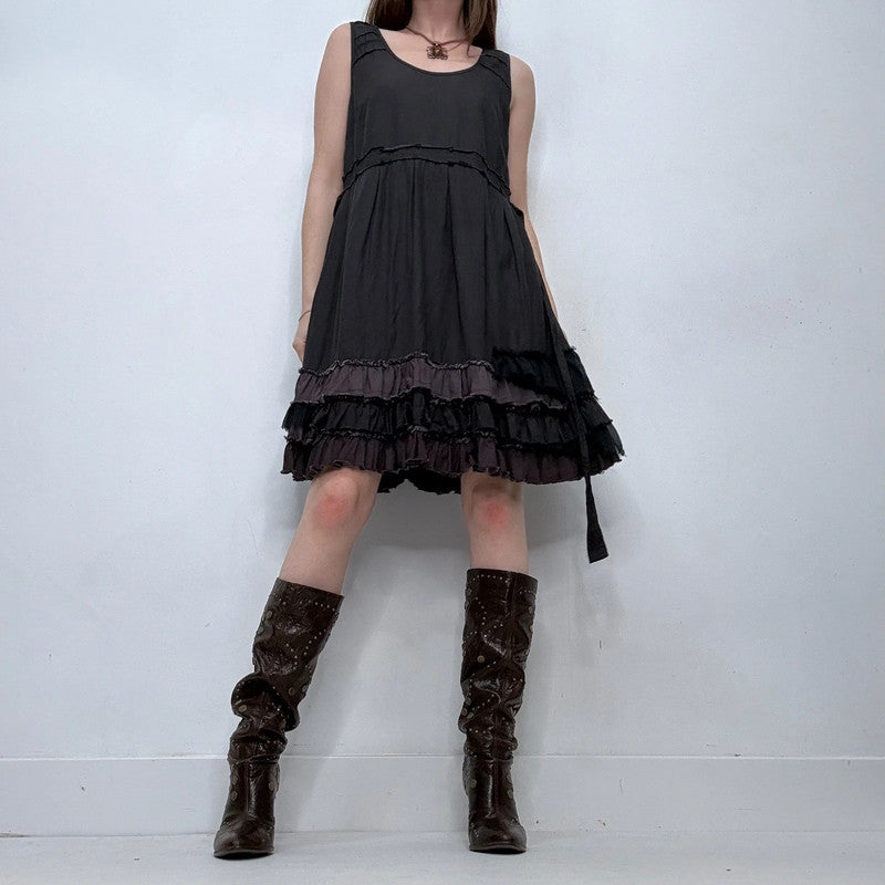 grunge ruffle flared puff midi dress