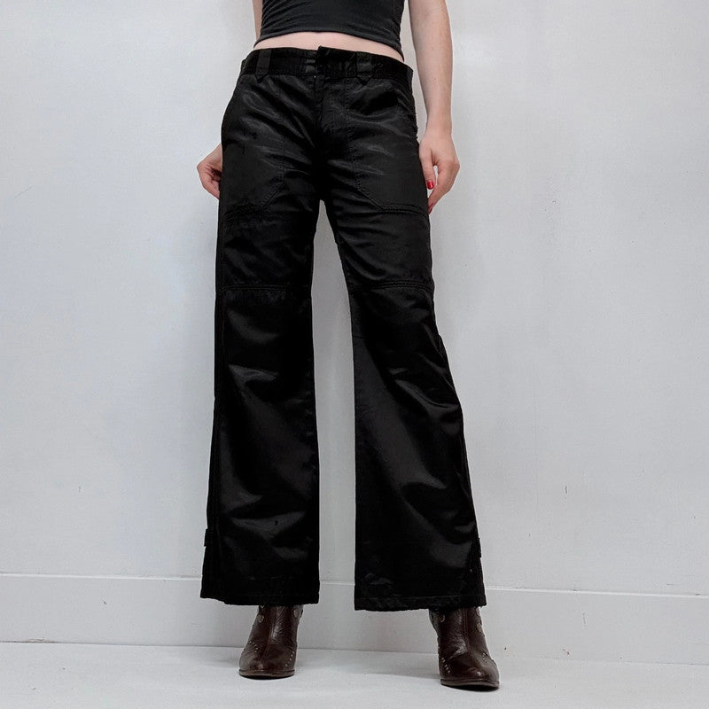 black wide leg flared low rise black satin jeans