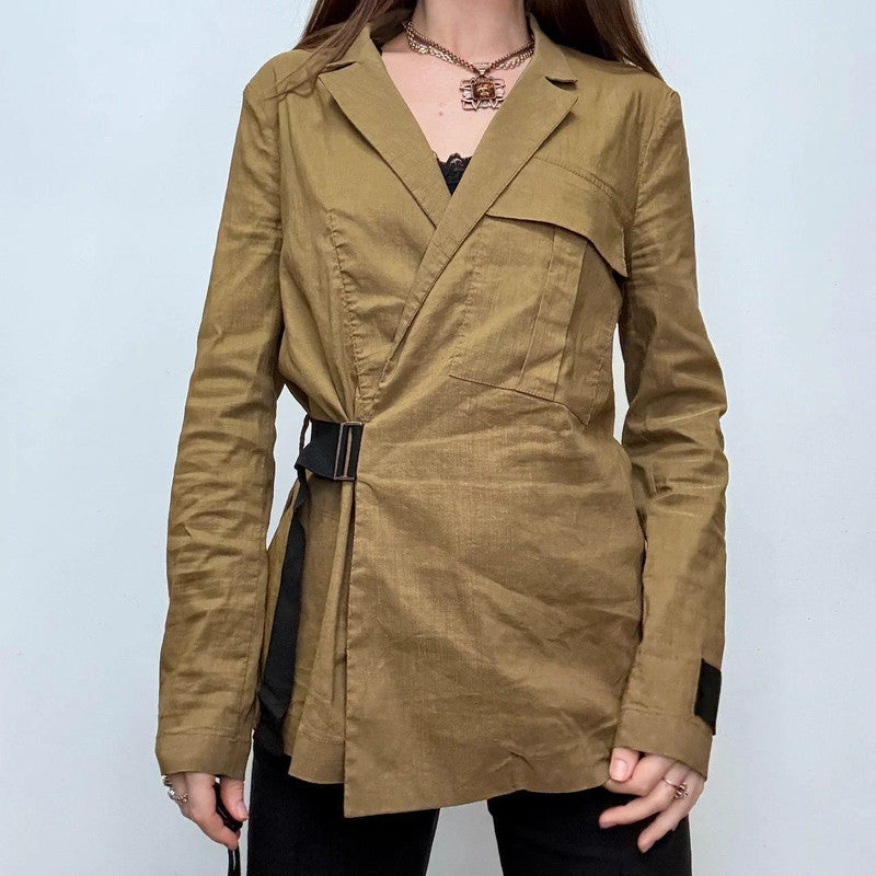 tan asymmetric buckle shirt