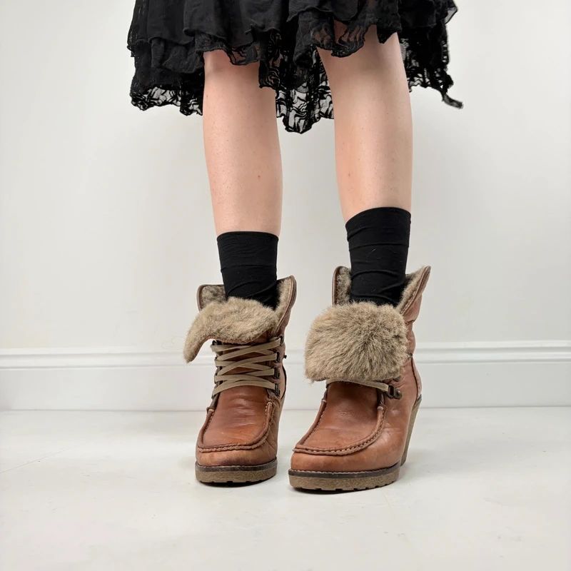 tan sheepskin leather wedge boots