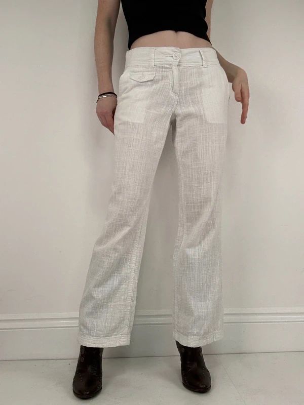 white linen wide leg low rise trousers