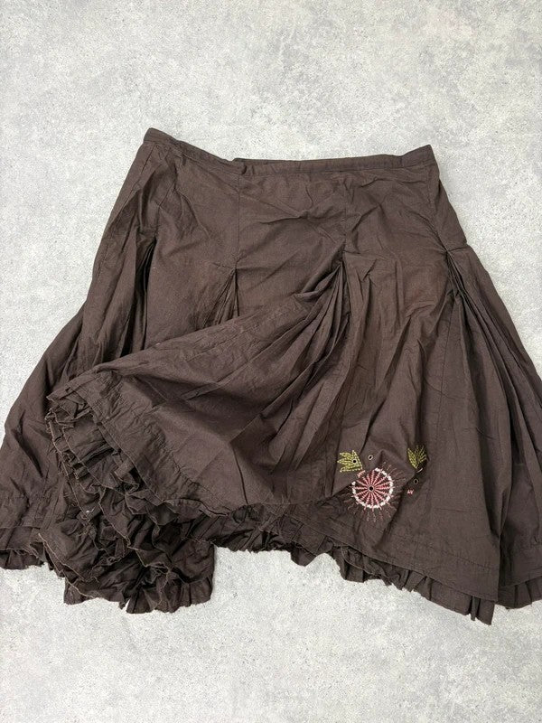 Brown cotton pleated flare boho floral skirt