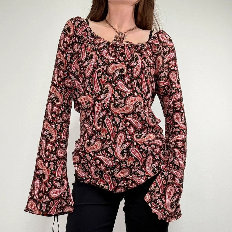 paisley flared wide neck blouse