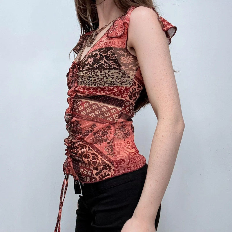 sheer gathered patchwork mesh vest