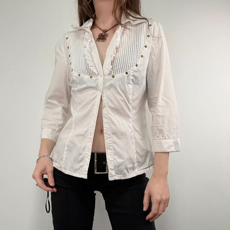 white pleated studded cotton napoleonic Morgan shirt