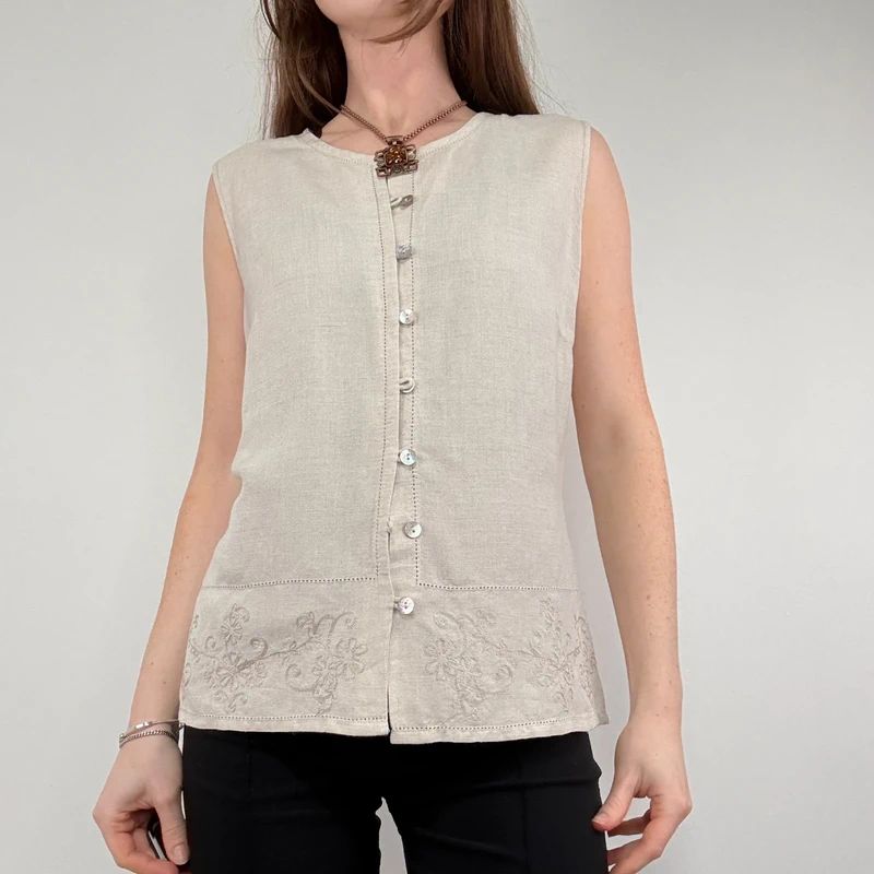 tan linen button vest