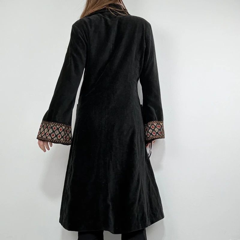 embroidered black velvet longline jacket