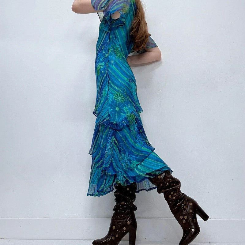 blue layered pinstripe ruffle dress