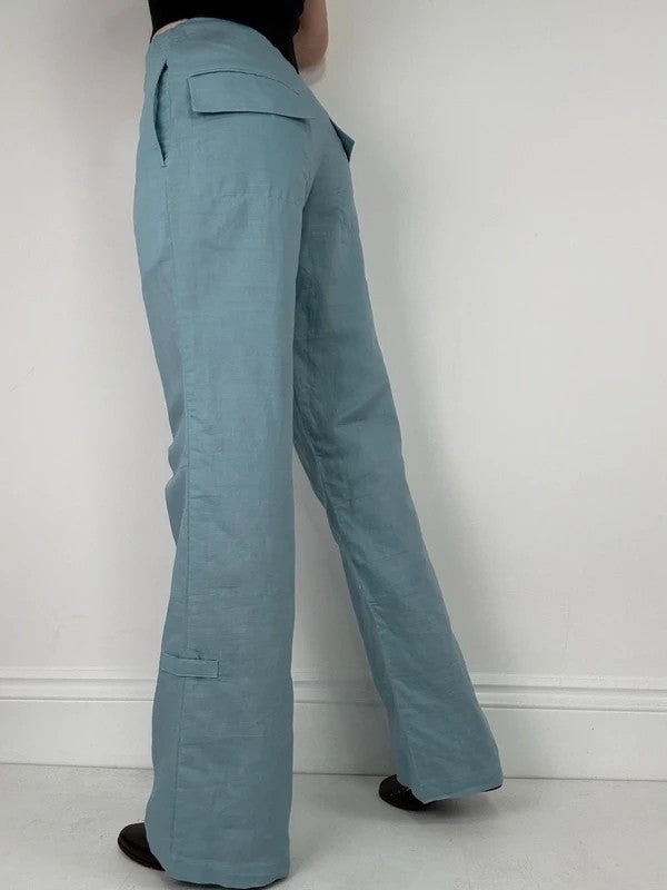 aqua blue wide leg linen trousers