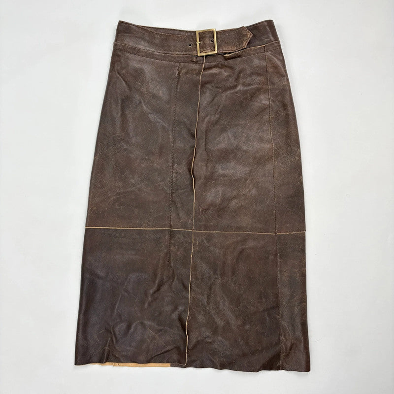 chocolate brown leather a-line midi skirt