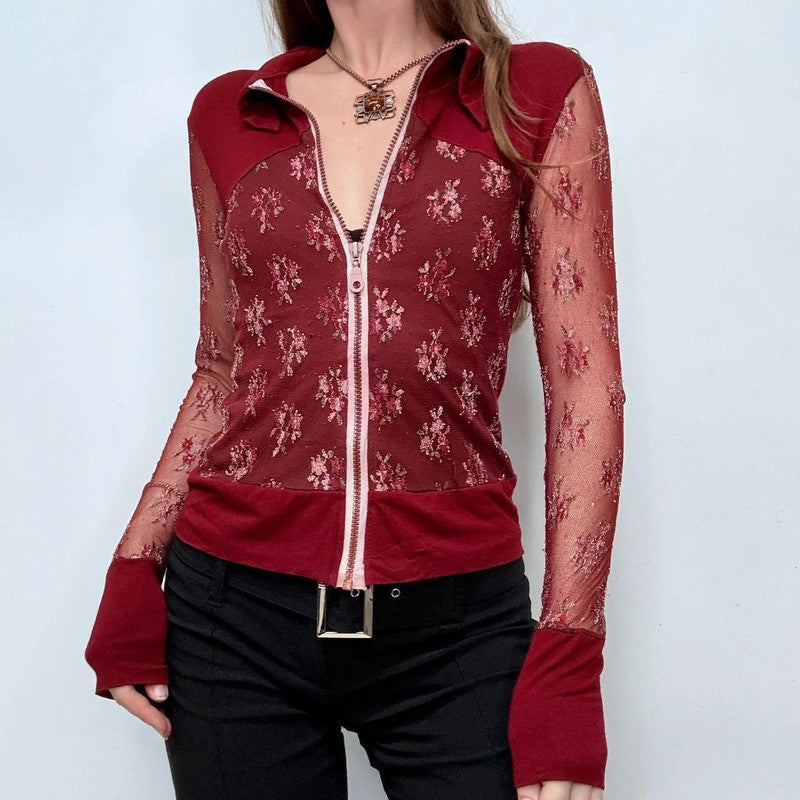 red lace sheer embroidered shirt