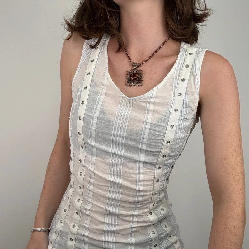 white cotton textured pinstripe popper vest top