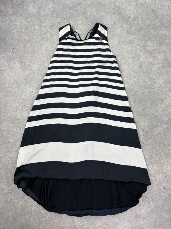 Navy and white striped asymmetric midi dress