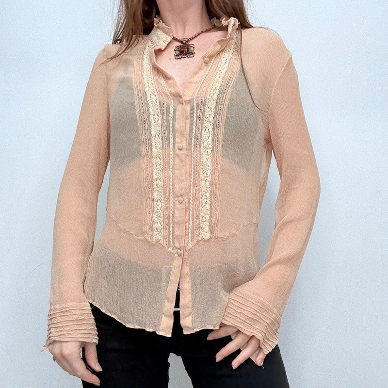 sheer crinkle silk lace blouse