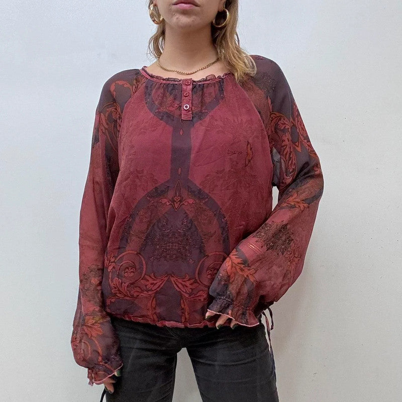 sheer red paisley boho shirt