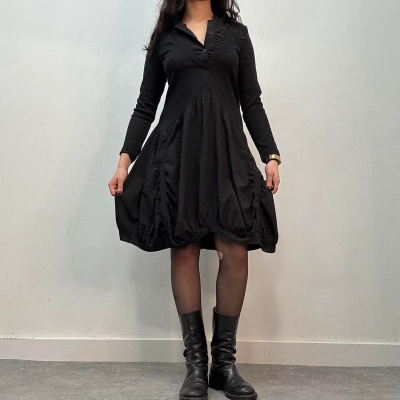 black gathered puff shirt dress