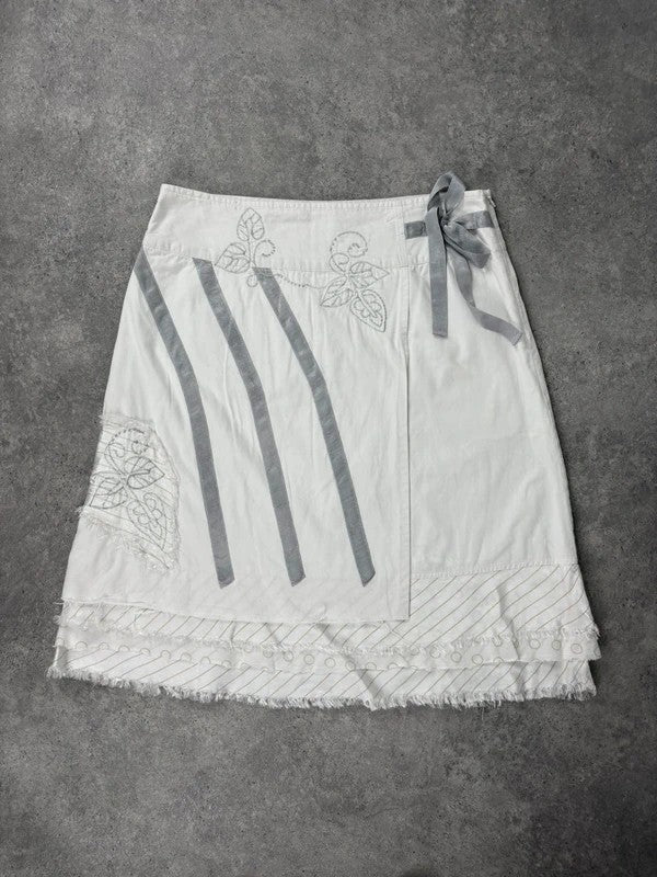 White fray patchwork asymmetrical bow midi skirt