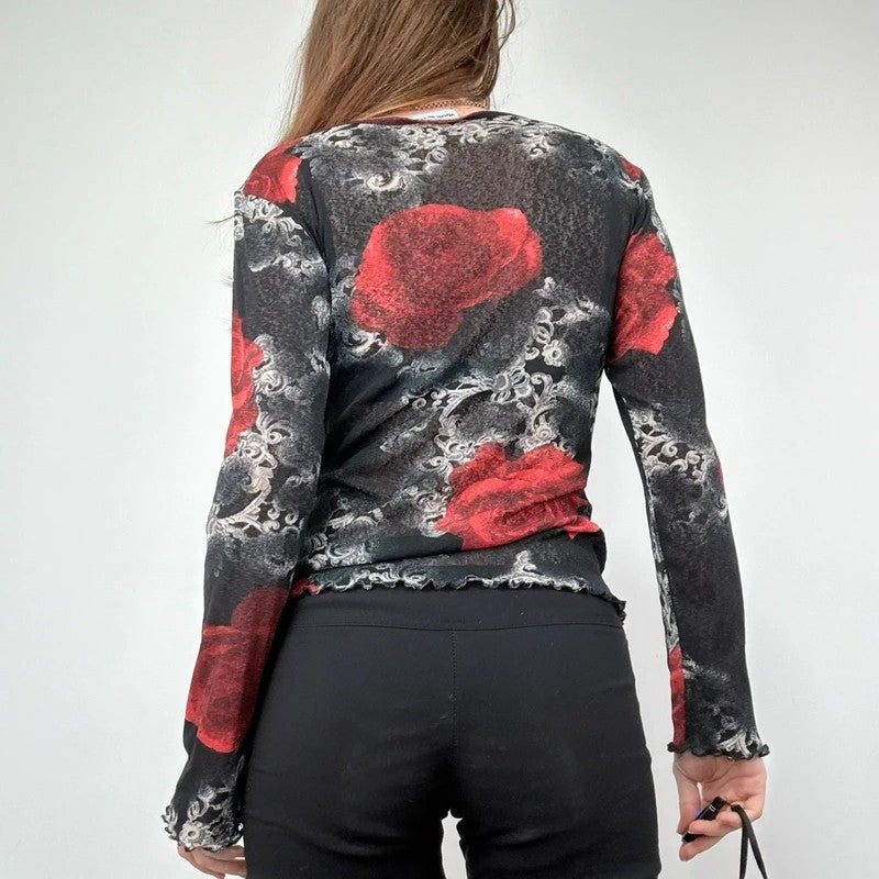 distressed floral rose print long sleeve mesh t-shirt