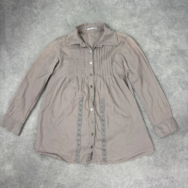 brown pleated flared patchwork button shirt