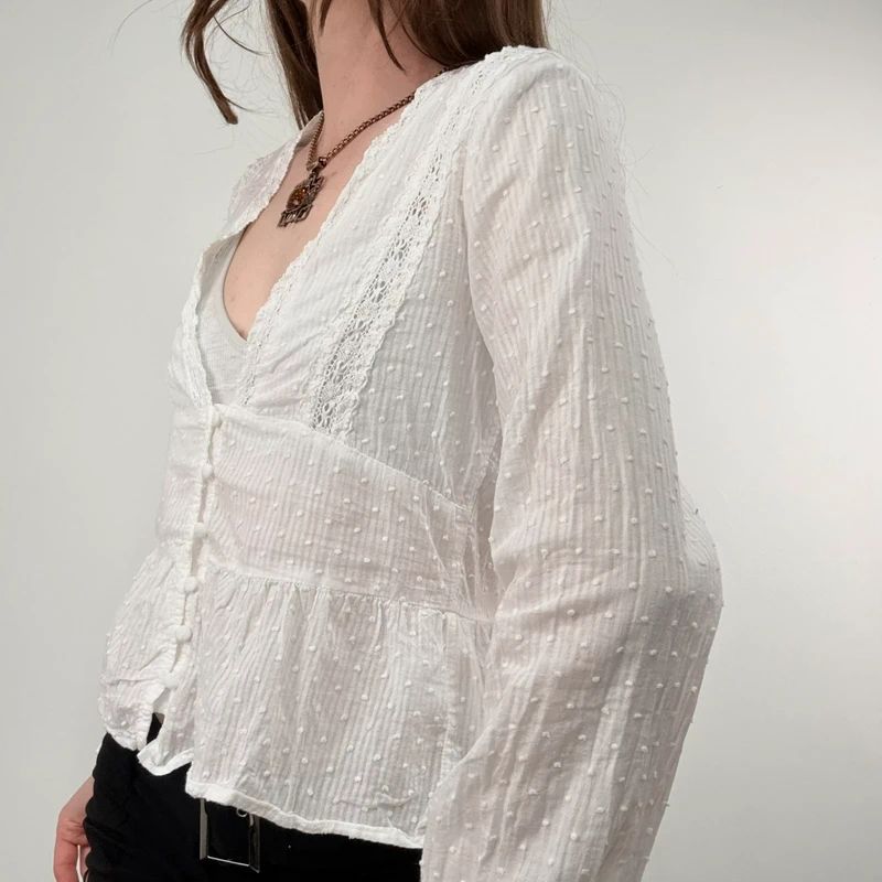 white cotton flared embroidered lace blouse