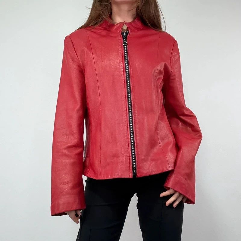 Red Studded Leather zip Jacket