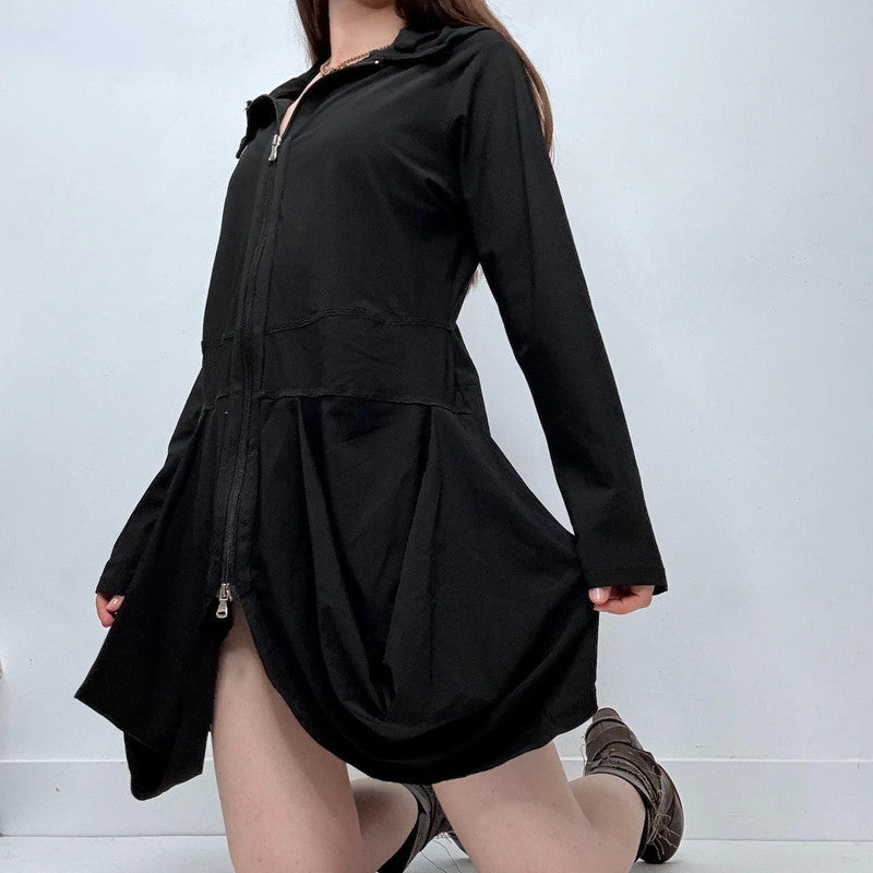 black gathered puff long sleeve dress