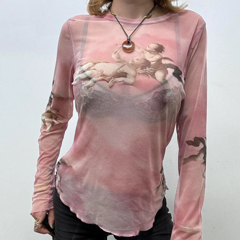 sheer pink graphic print angel t-shirt