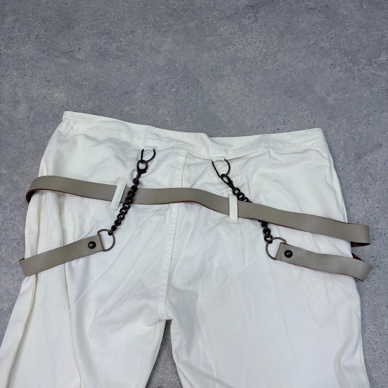 white low rise structured leather belted trousers