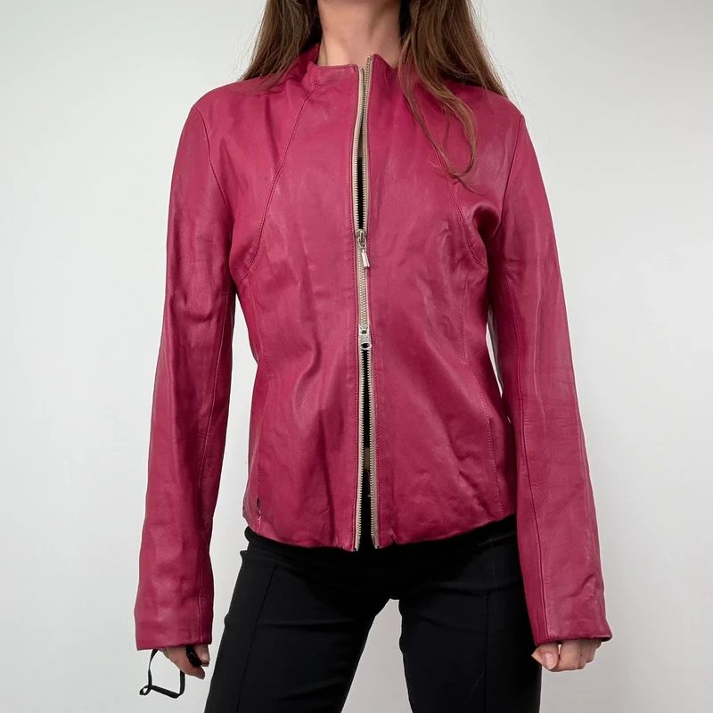 fitted 90s pink leather zip-up jacket