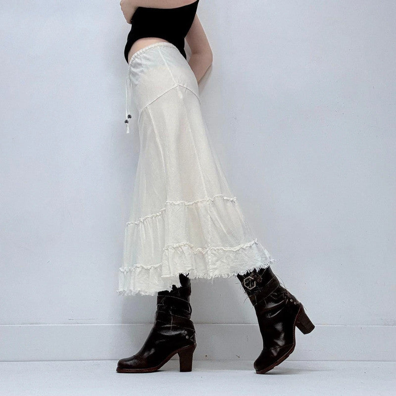white linen tiered midi skirt