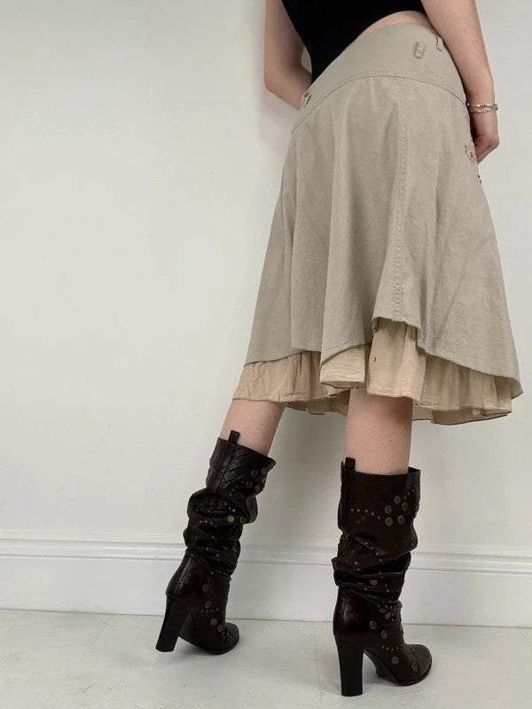 beige linen flared layered midi skirt
