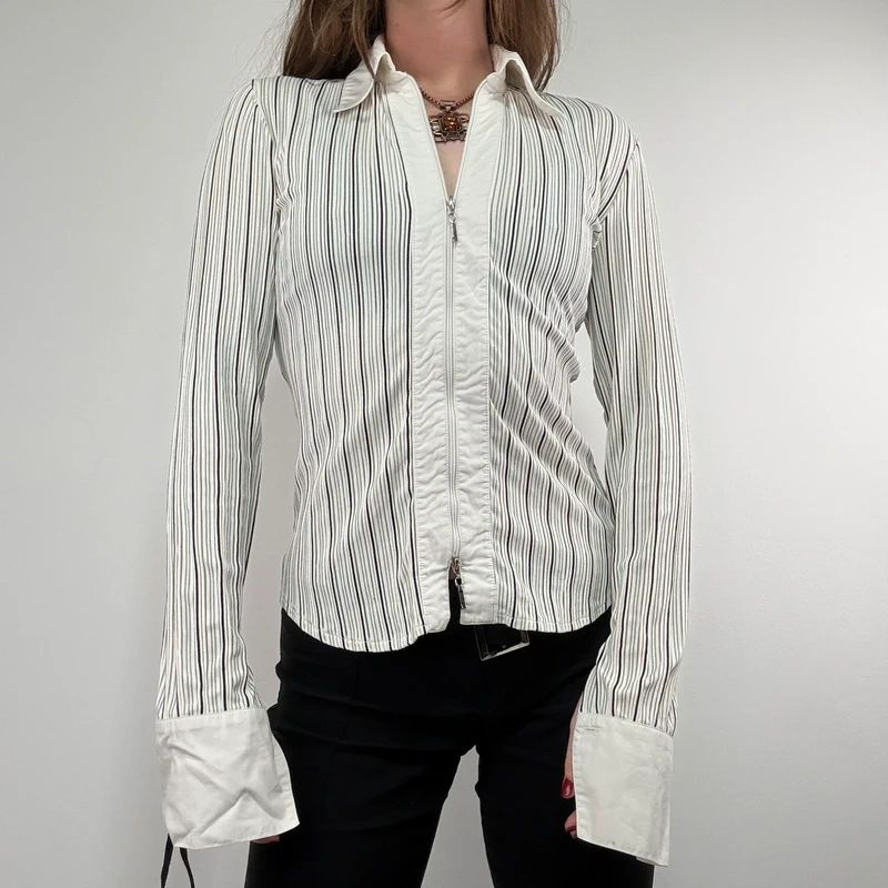 zip through pinstripe fitted white shirt
