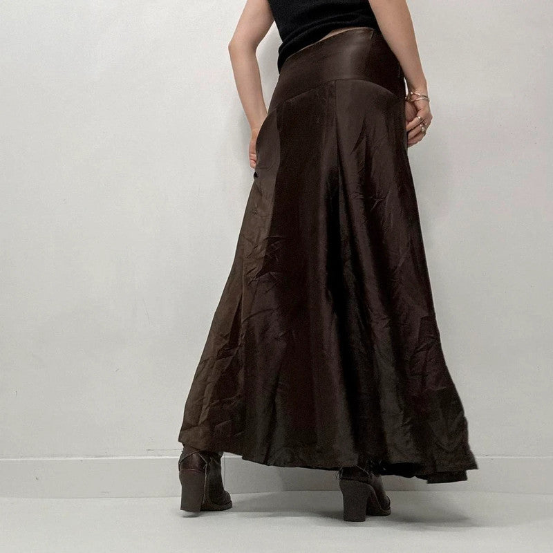 brown flared satin maxi skirt