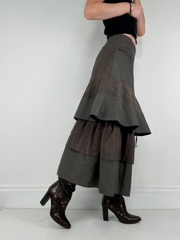 Khaki layered pinstripe maxi skirt