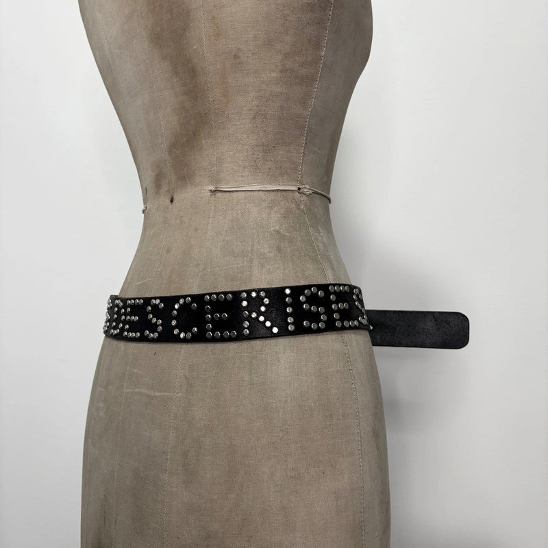 black leather studded spellout belt