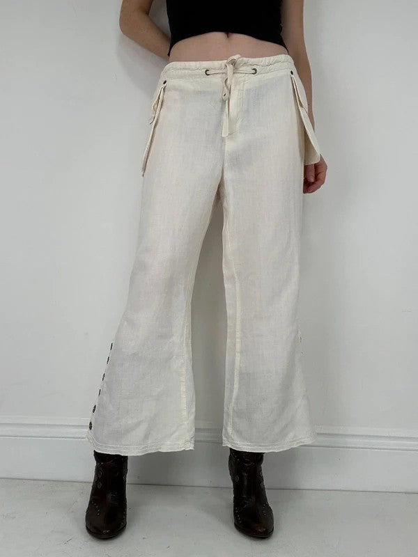 white linen flared utility button trousers
