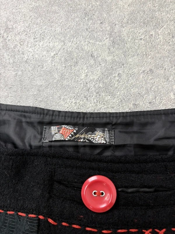 Flared black wool abstract button midi skirt