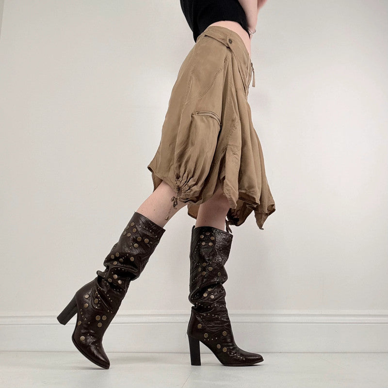 tan asymmetric drop waist utility skirt