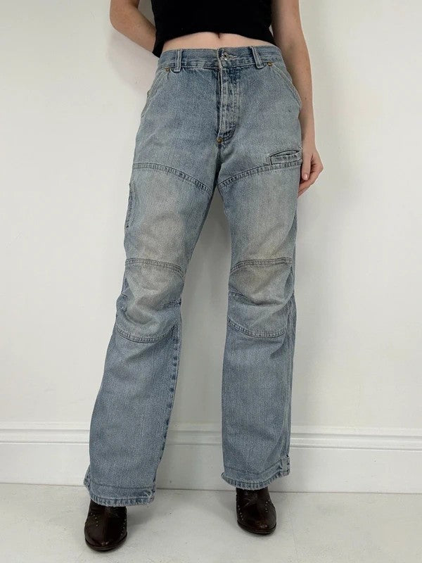 distressed light wash G-star raw cargo flare jeans
