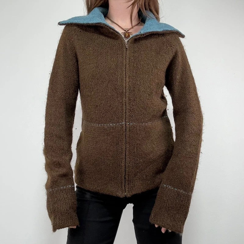 brown knit flared zip through cardigan