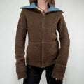 brown knit flared zip through cardigan