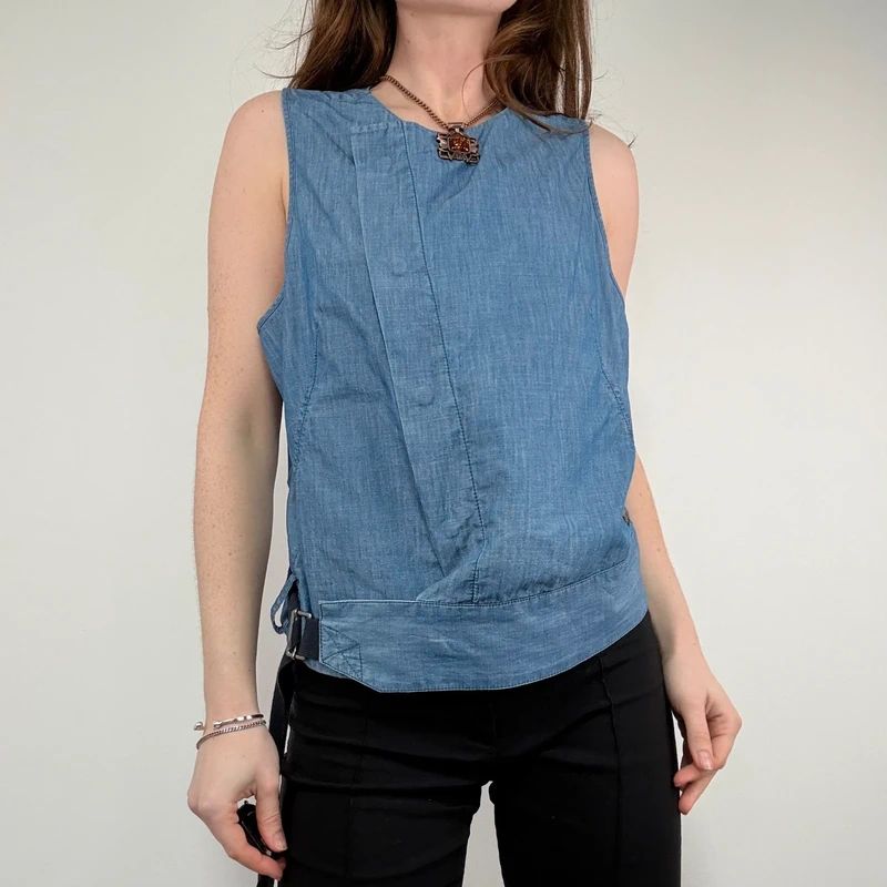 distressed denim asymmetric belted vest