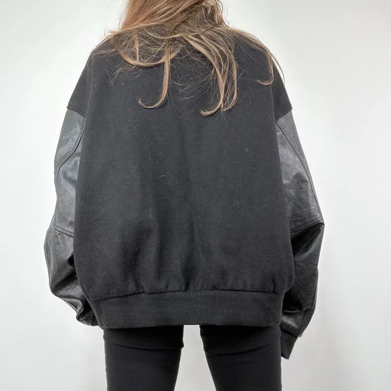 Black Leather Varsity Bomber Jacket